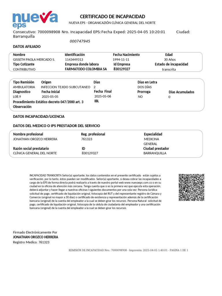 Certificado de Incapacidad Nueva EPS | PDF
