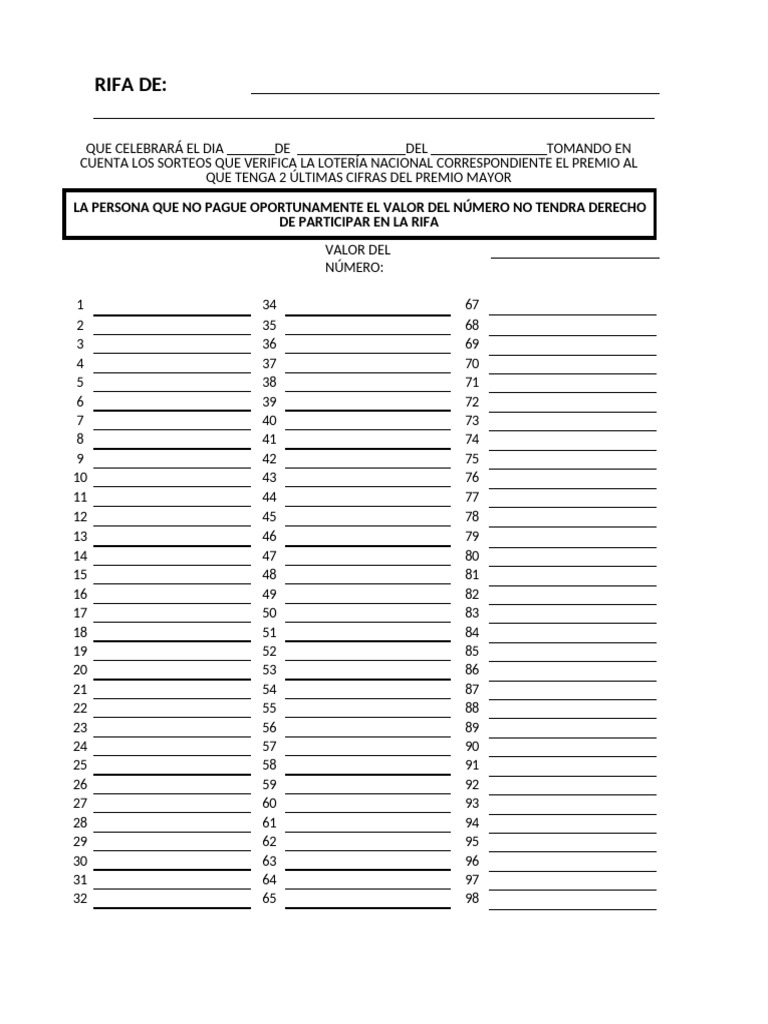 Rifa de Números del 1 al 100 | PDF