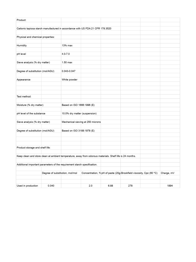 Cationic Tapioca Starch Specifications | PDF
