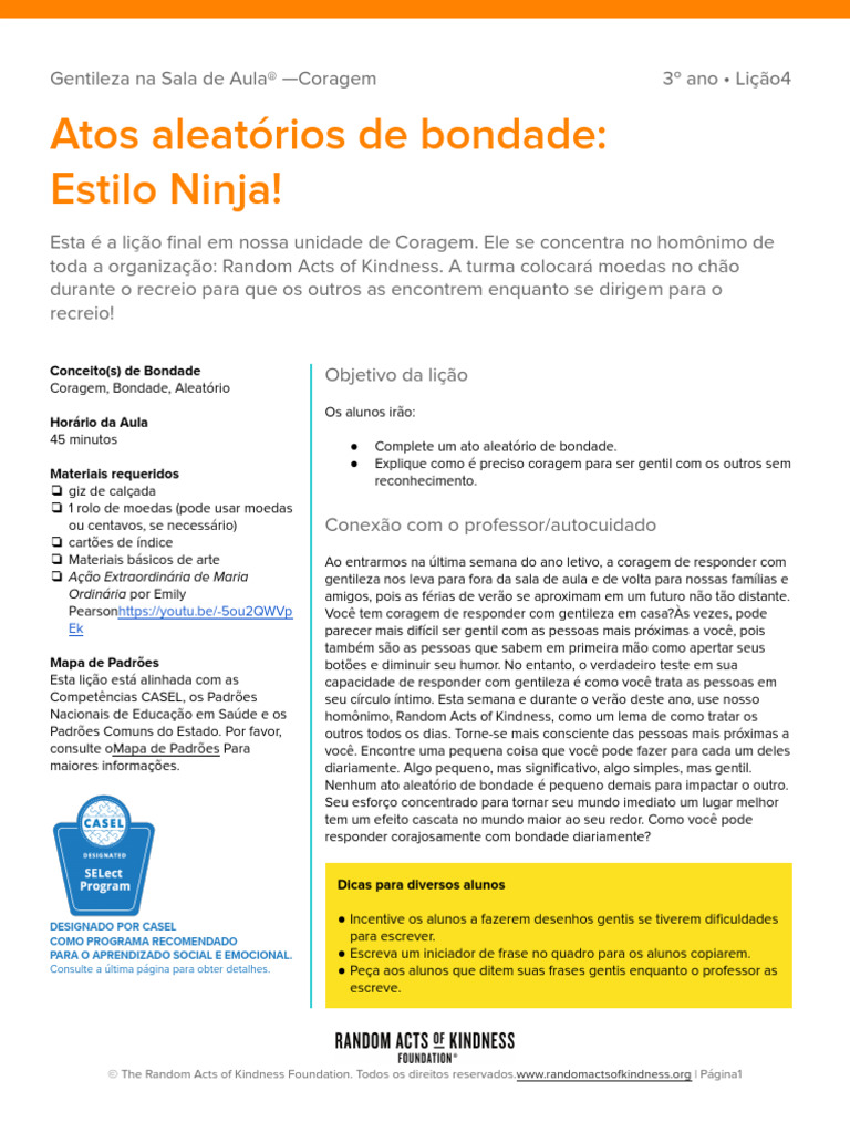 PT Grade 3 Courage Lesson 4 Random Acts of Kindness Ninja Style | PDF