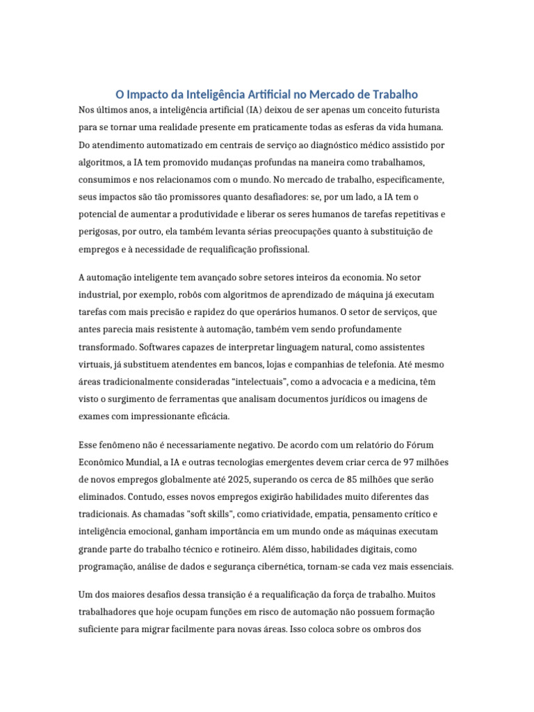 Impactos da IA no Mercado de Trabalho | PDF | Inteligência artificial ...