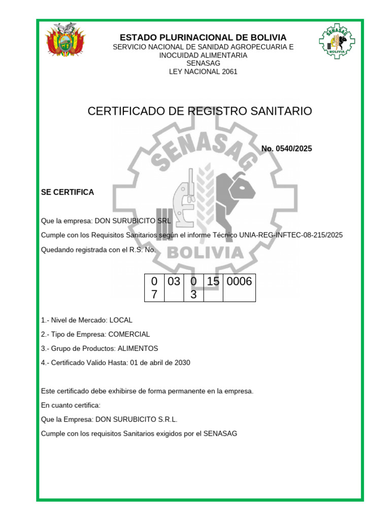 Certificado de Inocuidad Alimentaria SENASAG | PDF