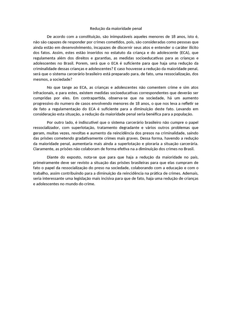 Redução da Maioridade Penal: Desafios e Impactos | PDF