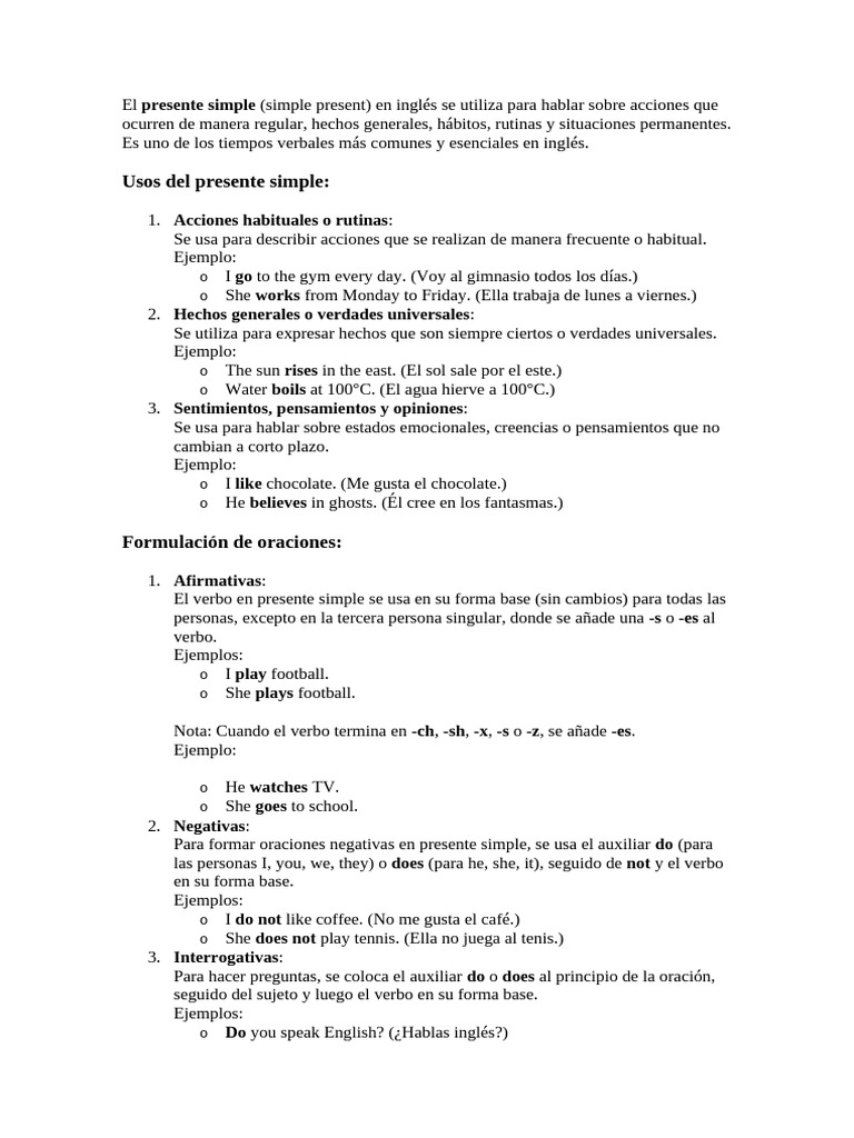Usos y formación del presente simple | PDF