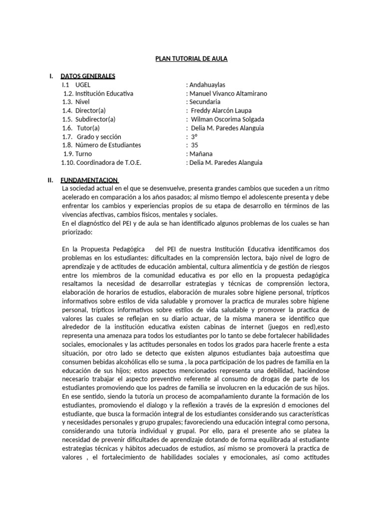 Plan de Tutoría para Secundaria 2023 | PDF | Autoestima | Salón de clases