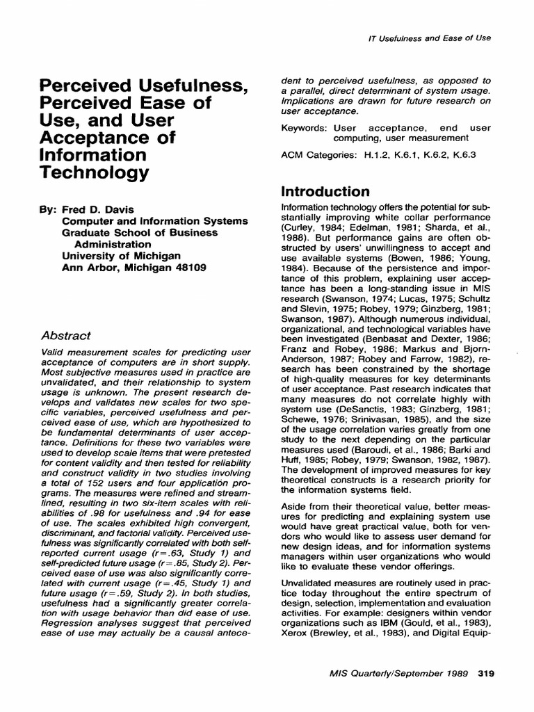 Davis1989 - MISQ13 - 3 - Perceived Usefulness Perceived Ease of Use and ...