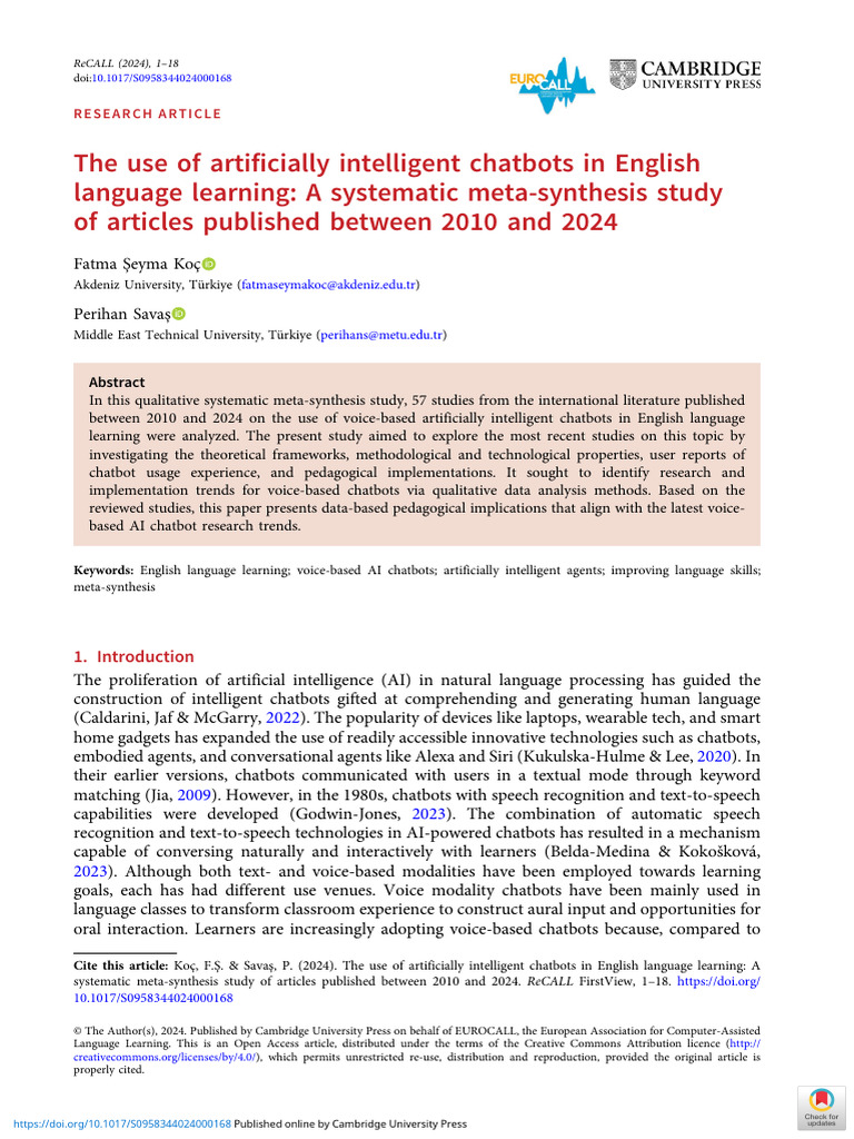 AI Chatbots in English Learning: A Meta-Synthesis | PDF | Artificial ...