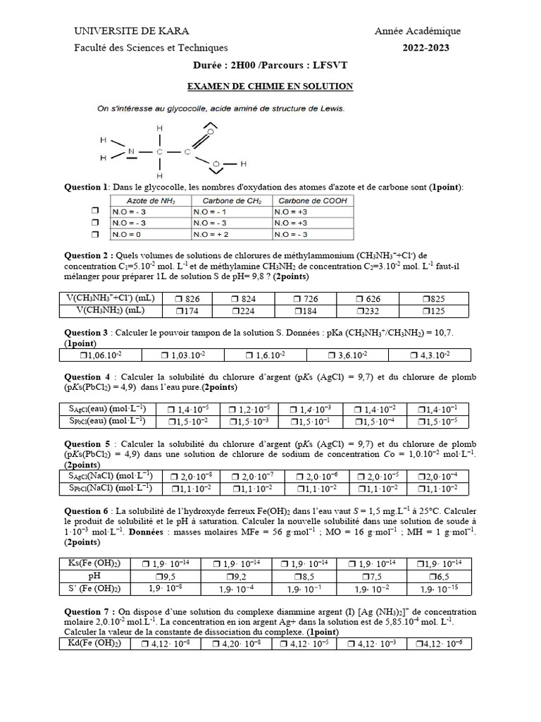 Examen de chimie : solutions et pH | PDF | Atomes | Chimie