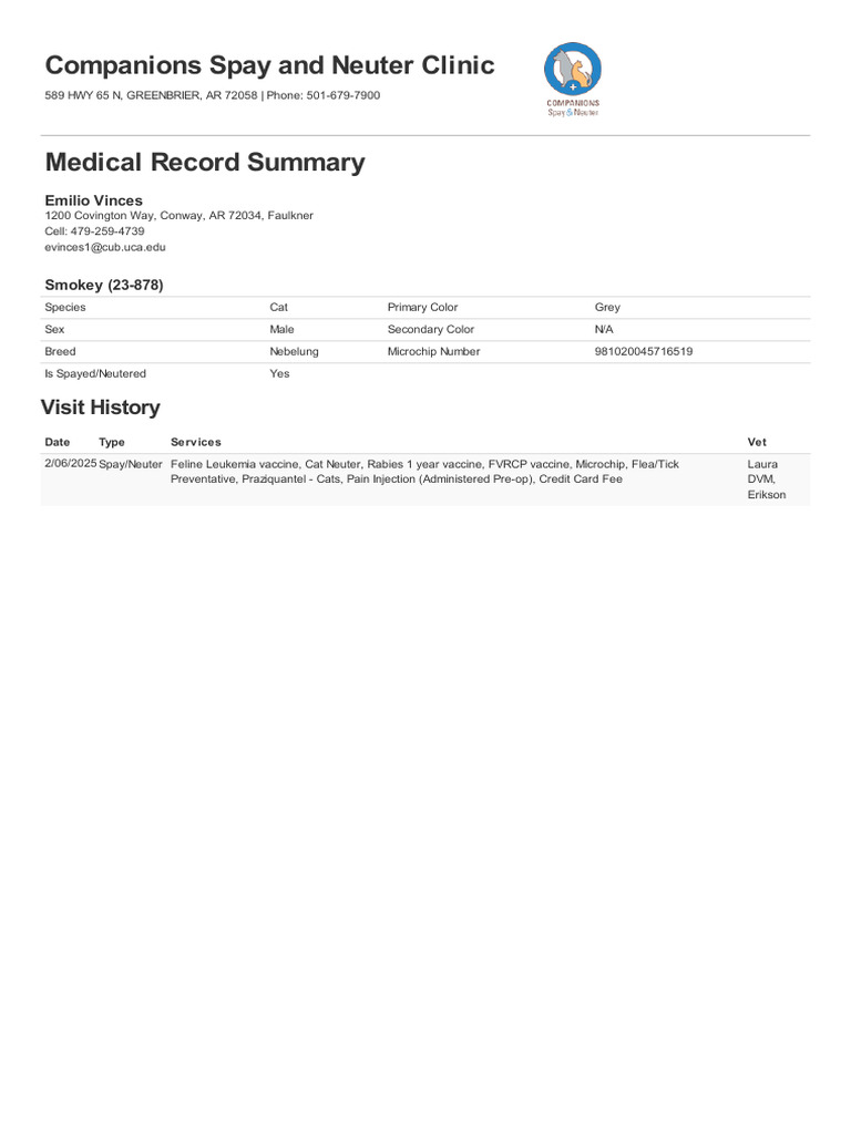Medical Record - Smokey 23-878 | PDF | Neutering | Cats
