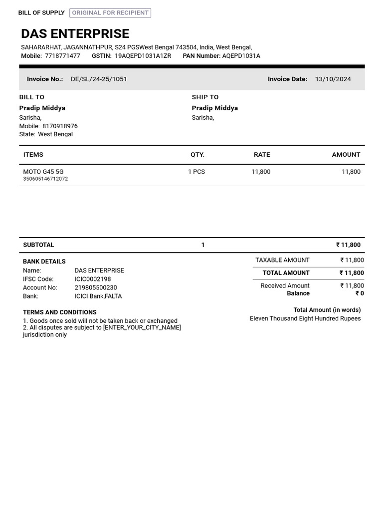 Pradip Middya Sales Invoice de SL 24-25-1051 | PDF
