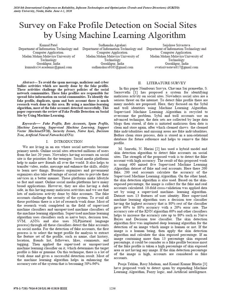 Survey On Fake Profile Detection On Social Sites by Using Machine ...