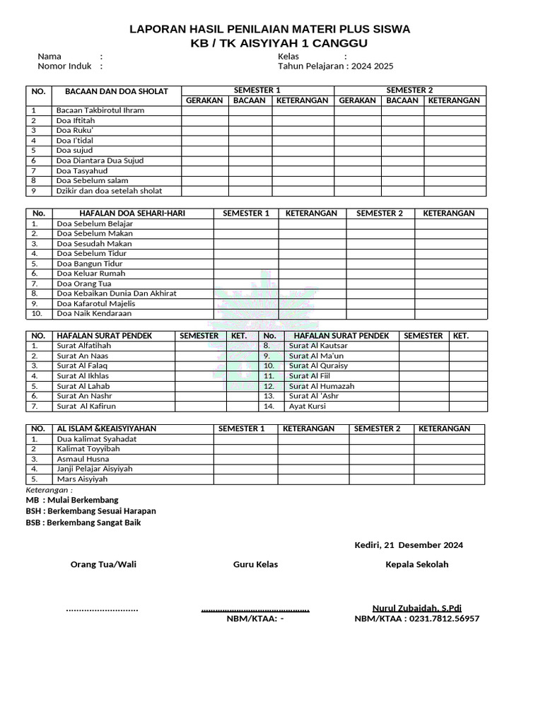 Format Rapor Hafalan | PDF