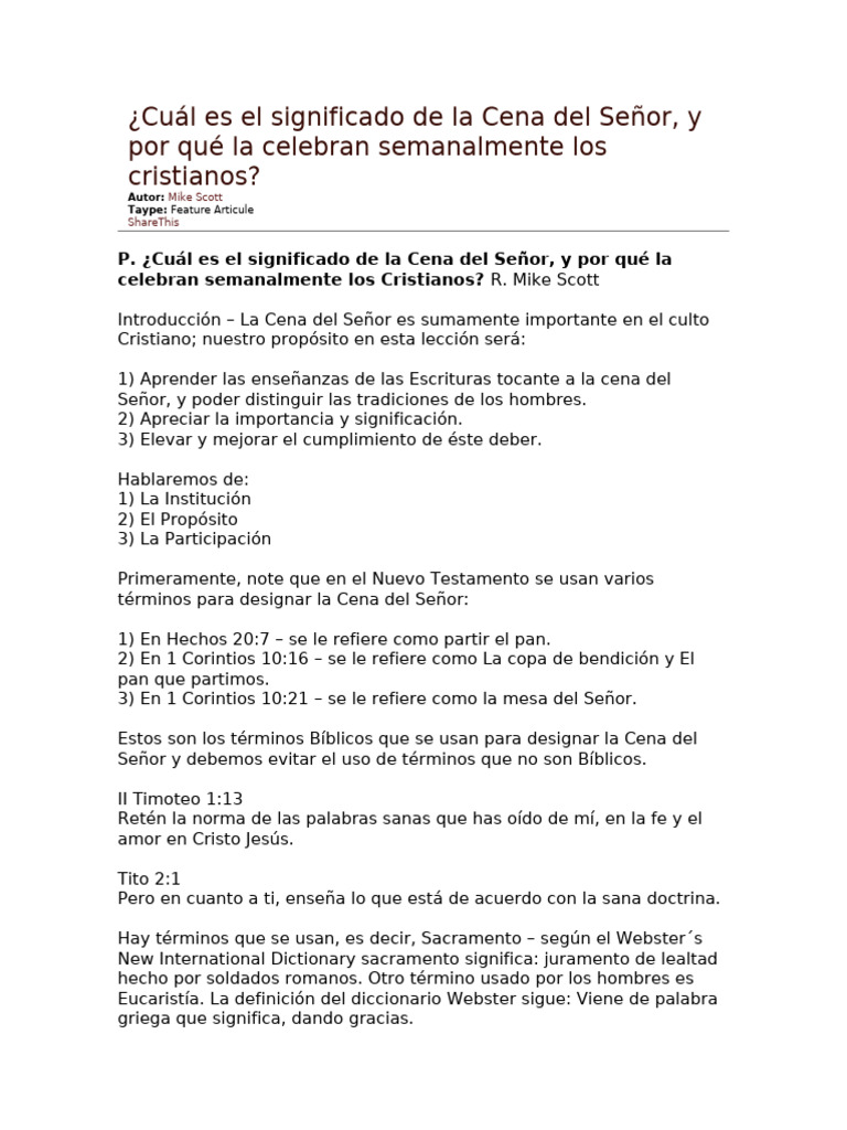 Significado de la Cena del Señor | PDF | eucaristía | Cristo (título)