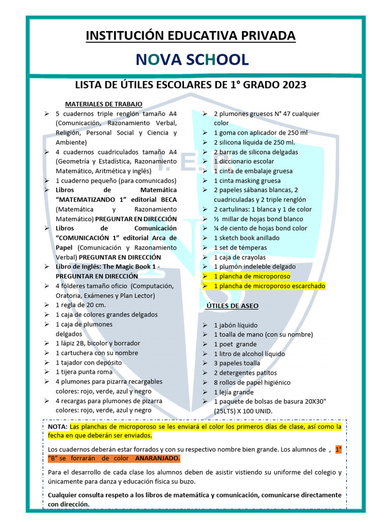 EJEMPLO DE LISTA DE ÚTILES ESCOLARES | PDF | Matemáticas
