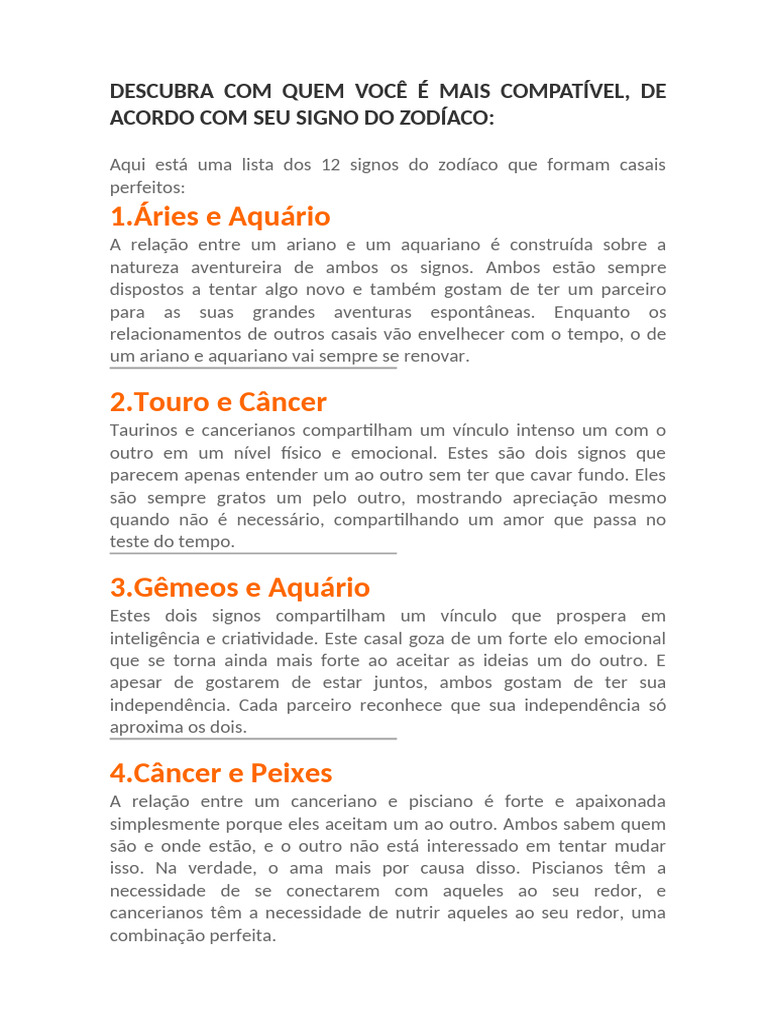 Signos do Zodíaco: Compatibilidade Amorosa | PDF | Zodíaco | Amor