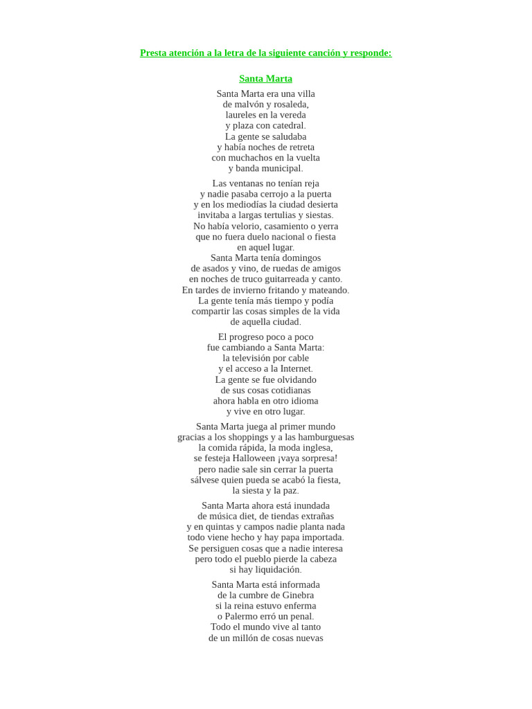 Letra de la canción Santa Marta | PDF