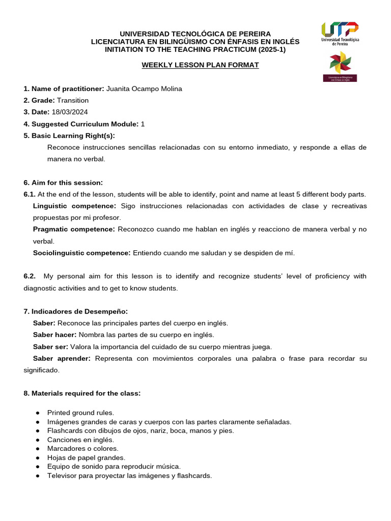 WEEKLY LESSON PLAN FORMAT - WEEK 1 | PDF