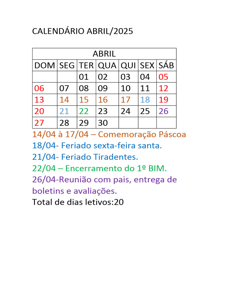 Calendário Abril | PDF