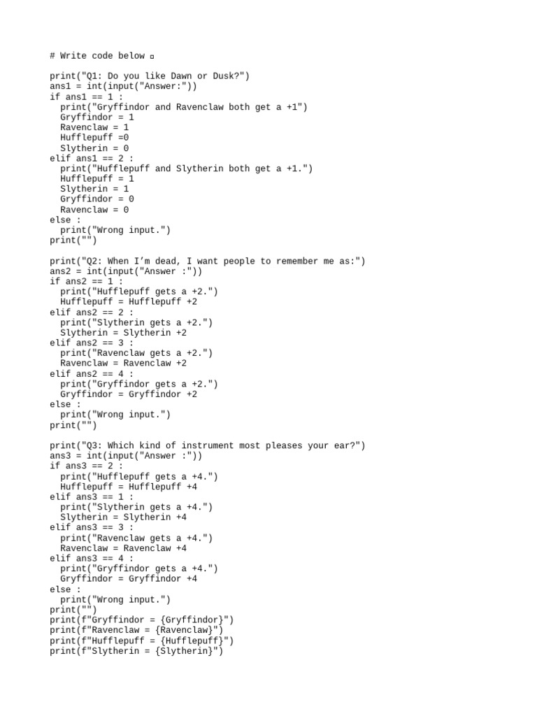 Python House Sorting Quiz Code | PDF
