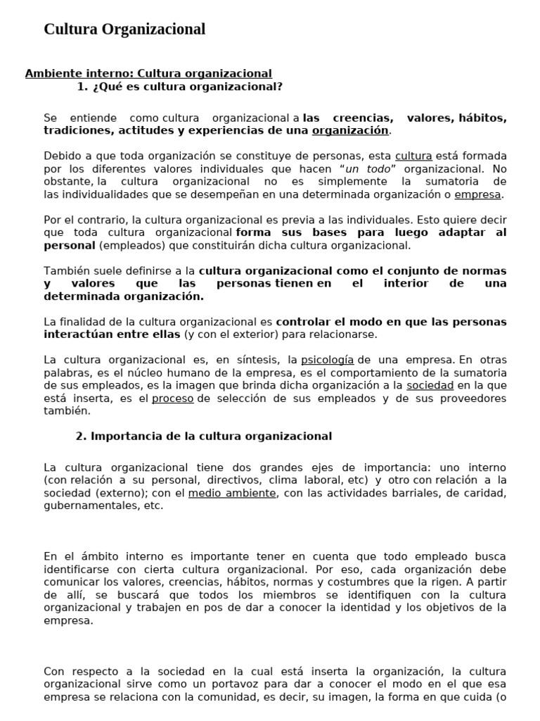 Importancia y Elementos de la Cultura Organizacional | PDF | Cultura ...