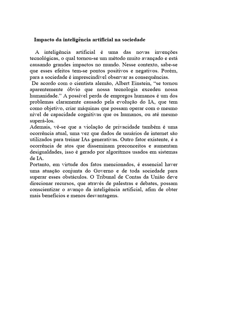 Impactos da Inteligência Artificial na Sociedade | PDF