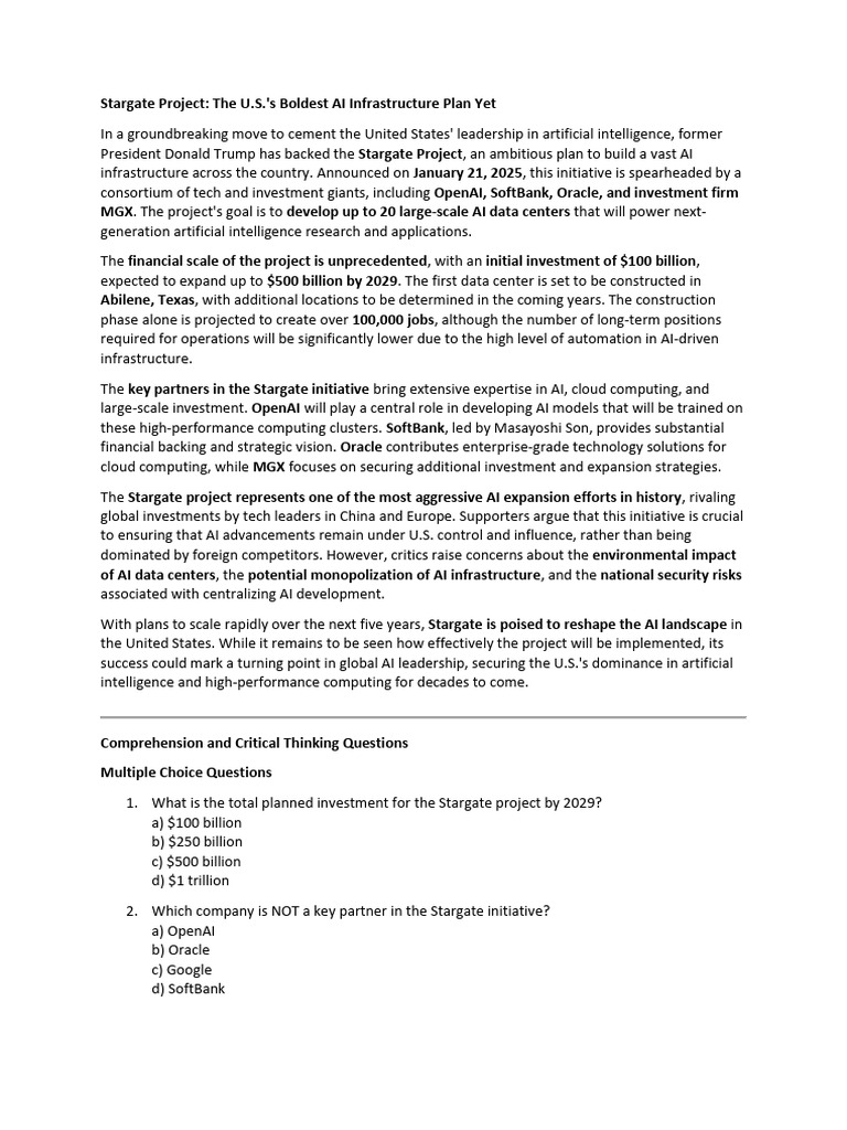U.S. Stargate Project: AI Infrastructure Plan | PDF | Artificial ...