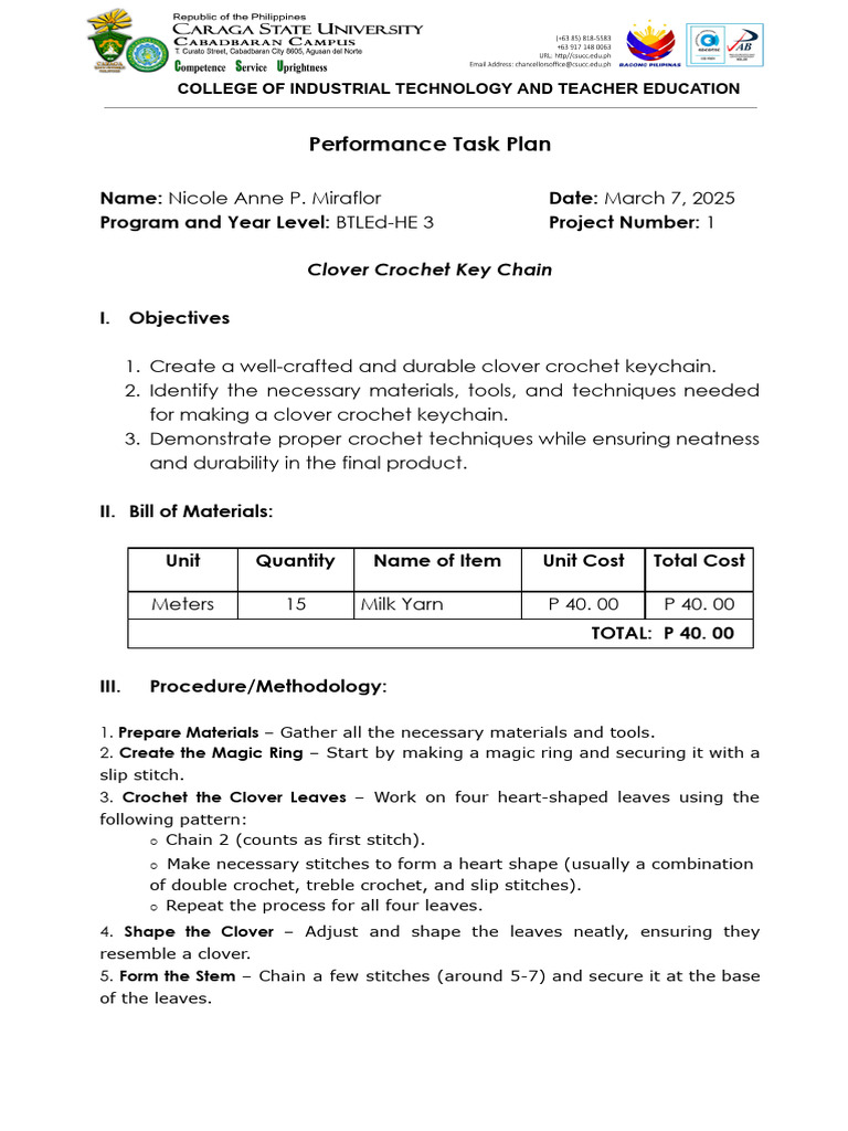 Performance Task Plan 1 1 | PDF | Crochet | Embroidery
