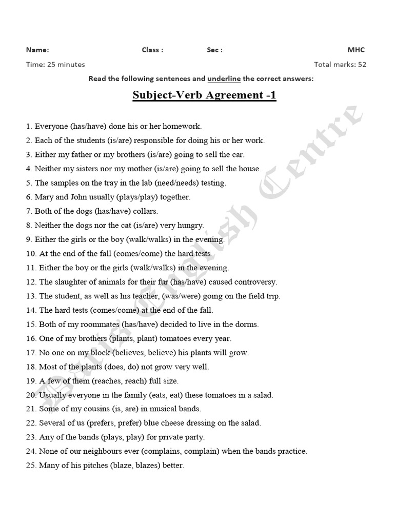 Subject-Verb Agreement Practice Test | PDF