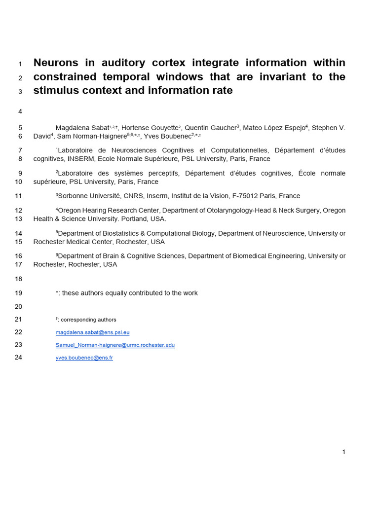 Auditory Cortex Neurons' Temporal Integration | PDF | Auditory System ...