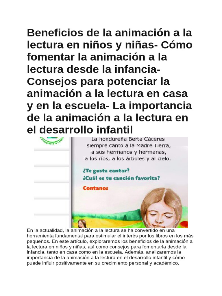 Beneficios de la animación a la lectura en niños y niñas | PDF
