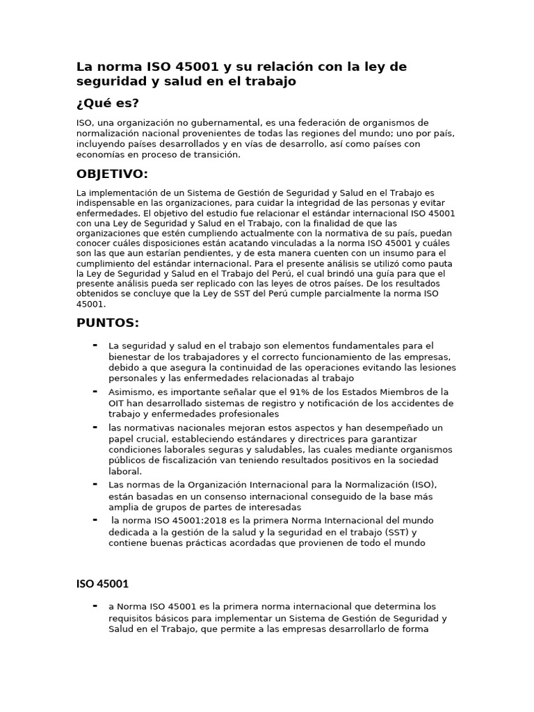 La Norma ISO 45001 y Su Relación Con La Ley de Seguridad y Salud en El ...