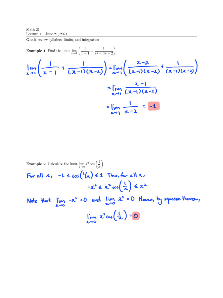 Lecture 1 (Limits and Integration Review) | PDF