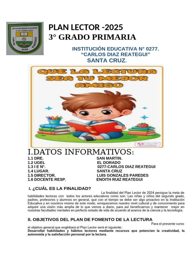Plan Lector 2025 para Tercer Grado | PDF | Salón de clases | Maestros
