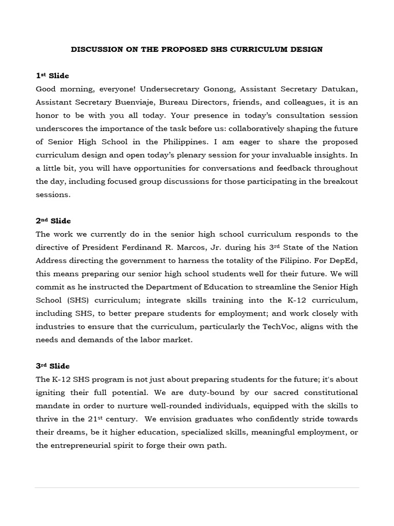 Proposed SHS Curriculum Design 2025 | PDF | Curriculum | Learning