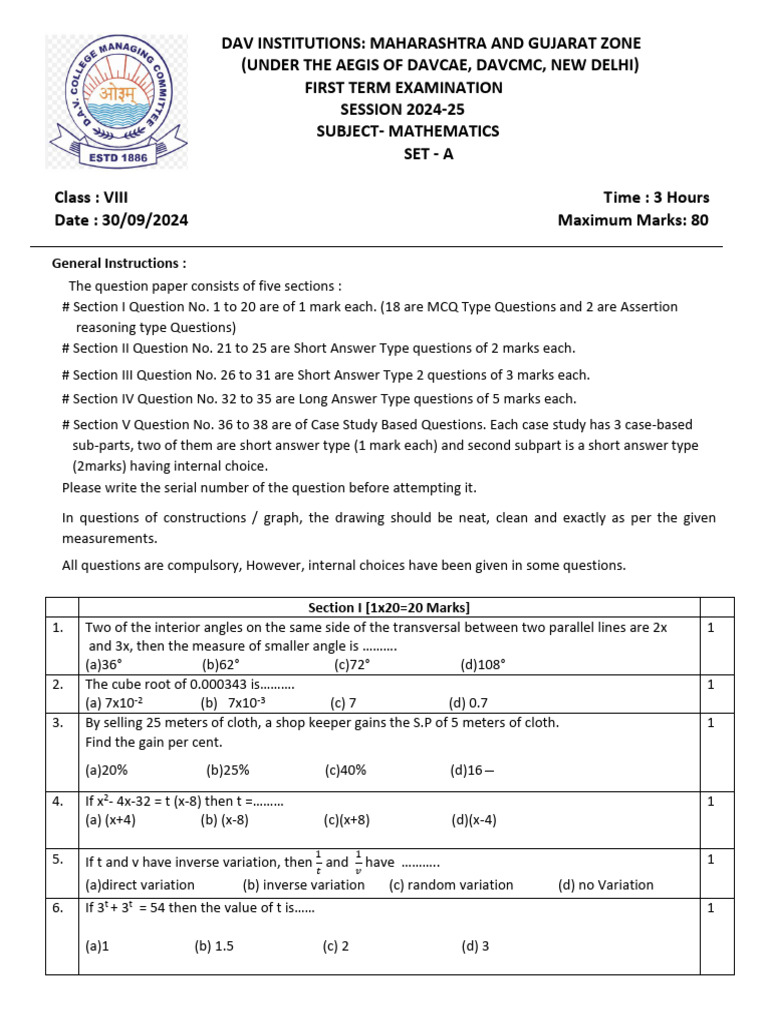 8th Class Maths SA1 Question Paper 2025 | PDF