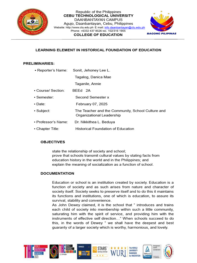Historical Foundations of Education | PDF | Philippines | Schools