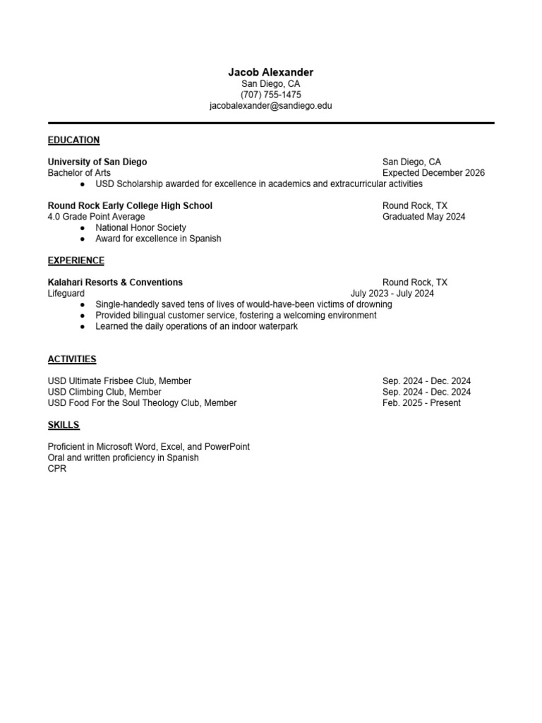 Jacob Alexander's Resume: Education & Skills | PDF