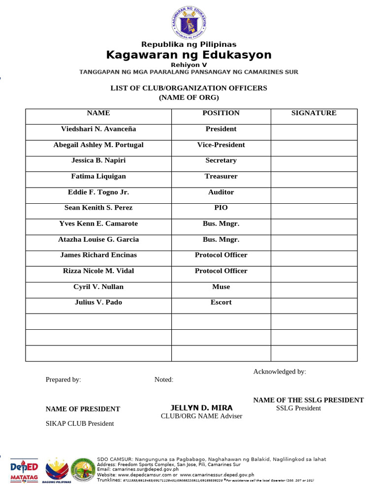 Camarines Sur Club Officers List | PDF
