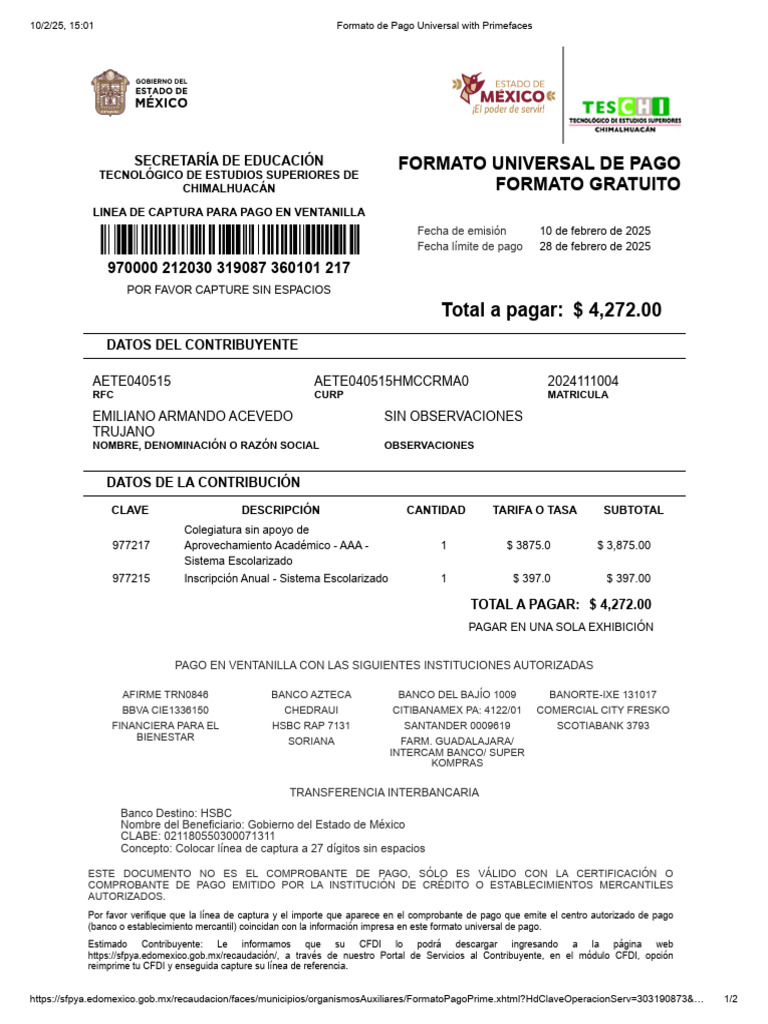 Formato de Pago Universitario 2025 | PDF | Finanzas personales ...