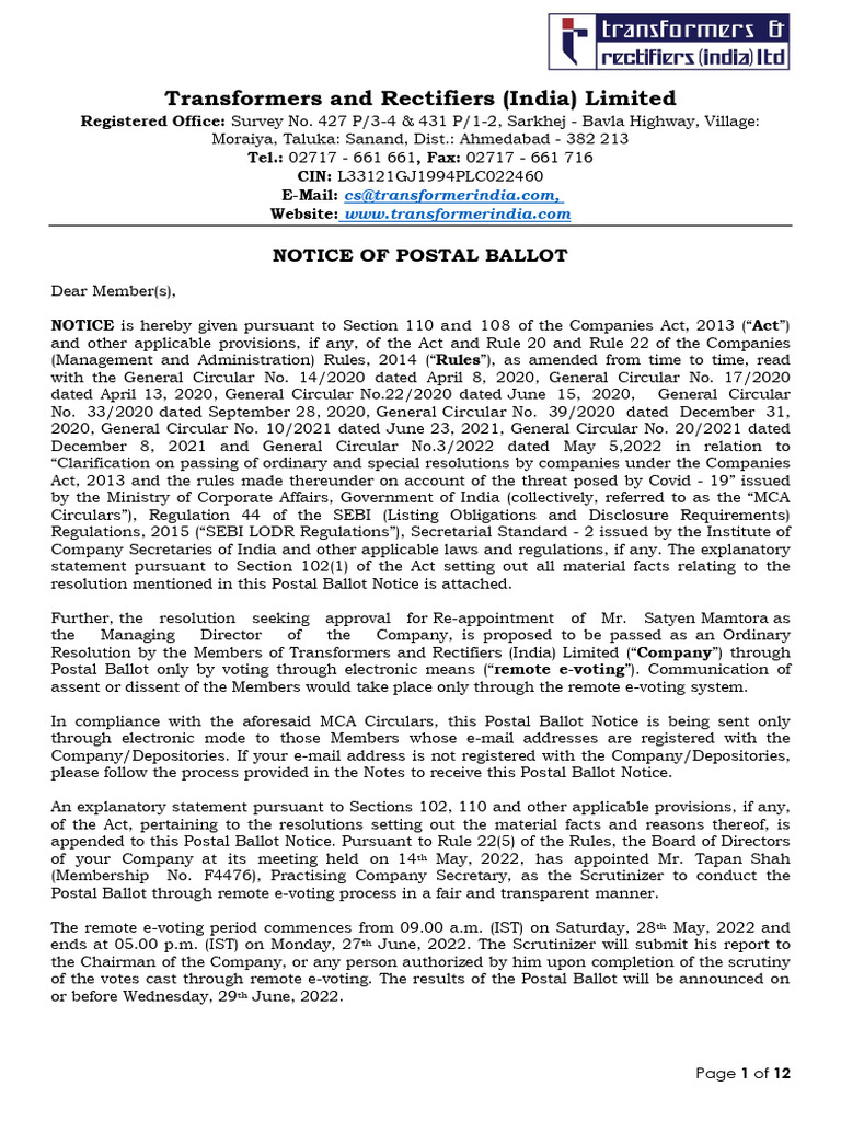 Notice of Postal Ballot for Re-appointment | PDF | Electronic Voting ...
