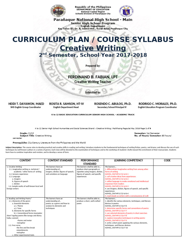 SHS_CURRICULUM-GUIDE_2017-2018_2nd-Sem_CREATIVE-WRITING | PDF | Poetry ...