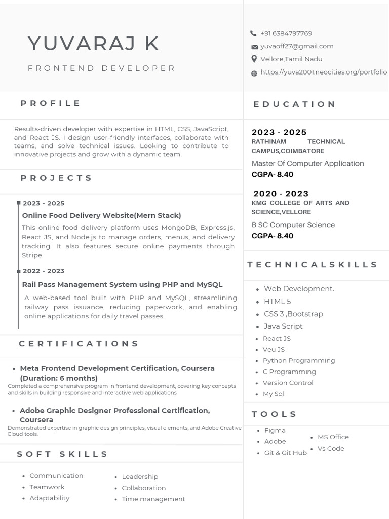 Frontend Developer Resume - Yuvaraj K | PDF | Java Script | Web Application