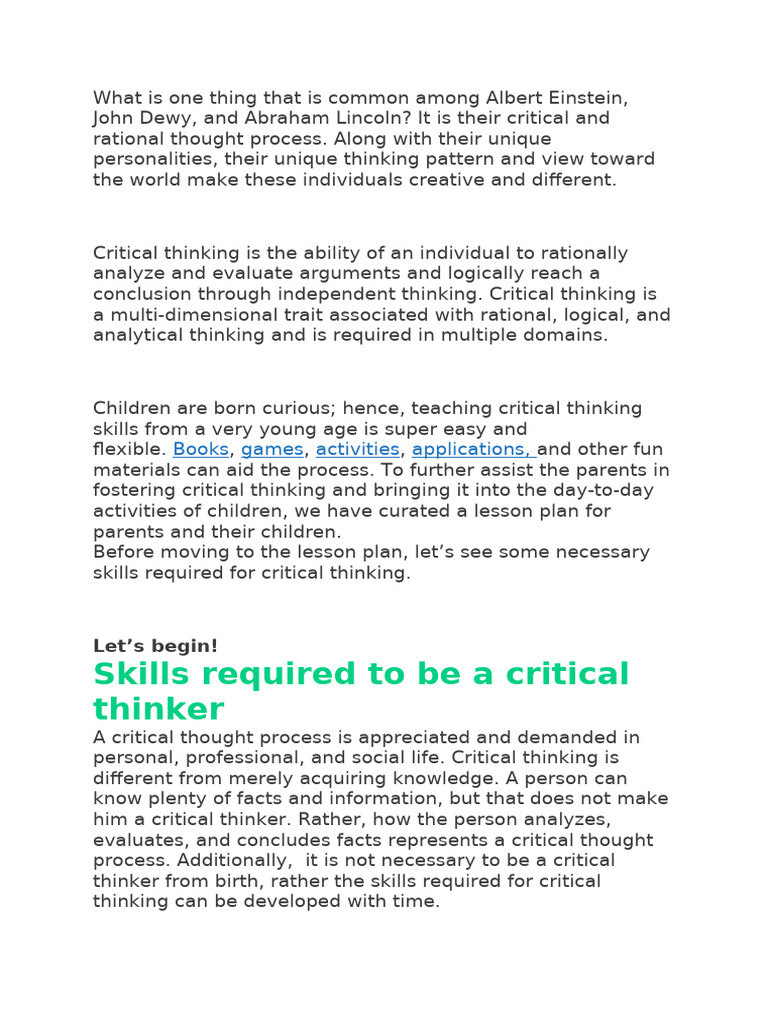 Critical Thinking Skills Lesson Plan | PDF | Critical Thinking | Thought