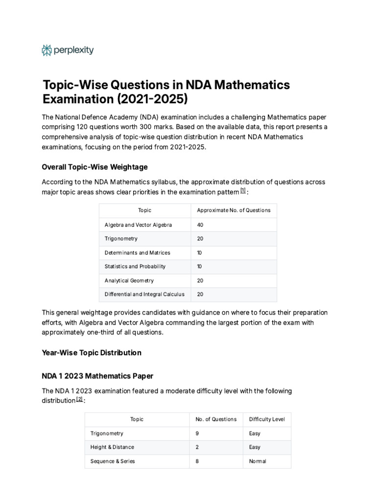 NDA Maths Topic-Wise Weightage 2021-2025 | PDF | Determinant | Equations