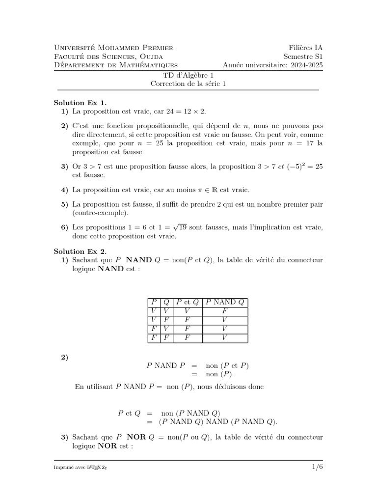 Correction TD Algèbre 1 - S1 2024-2025 | PDF