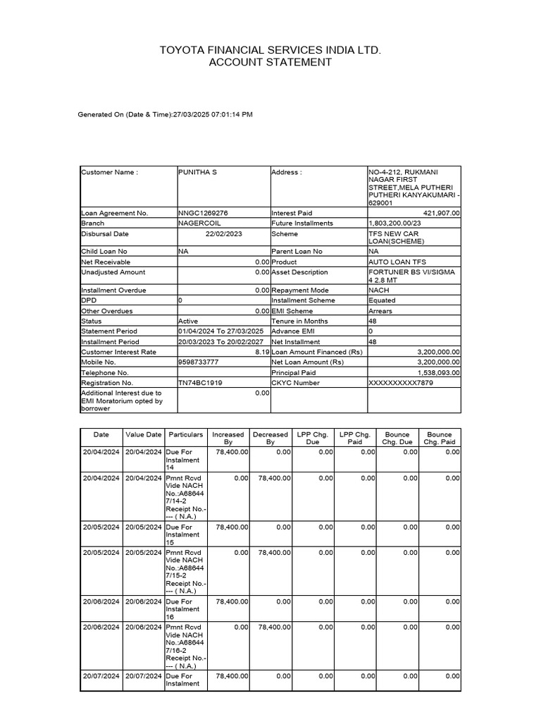 Toyota Auto Loan Account Statement | PDF | Loans | Financial Services