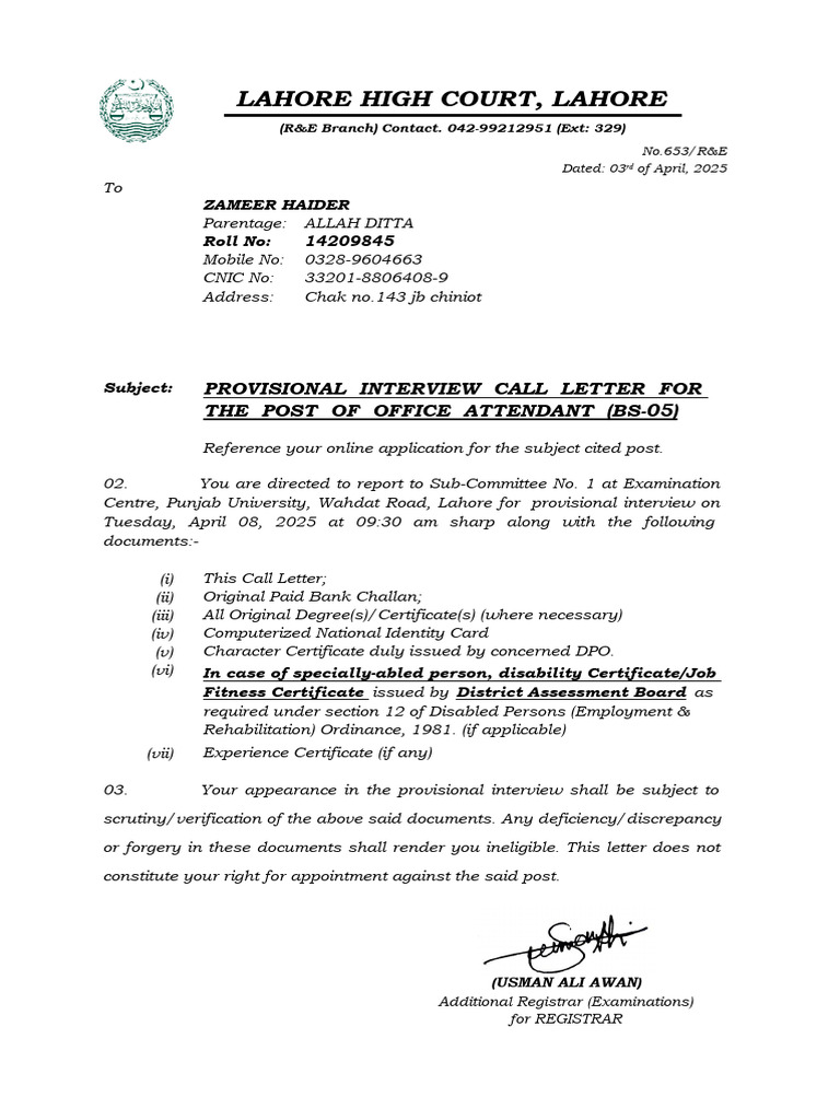 Provisional Interview Call for Zameer Haider | PDF