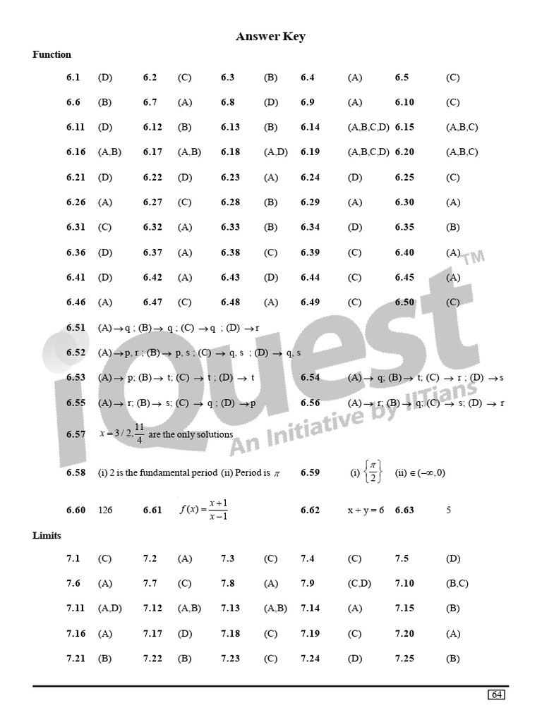 Answer Key for Math Functions and Limits | PDF | Mathematical Analysis ...