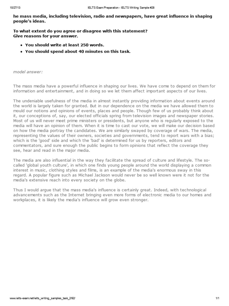 IELTS Writing Sample: Media Influence | PDF | Mass Media | Human ...