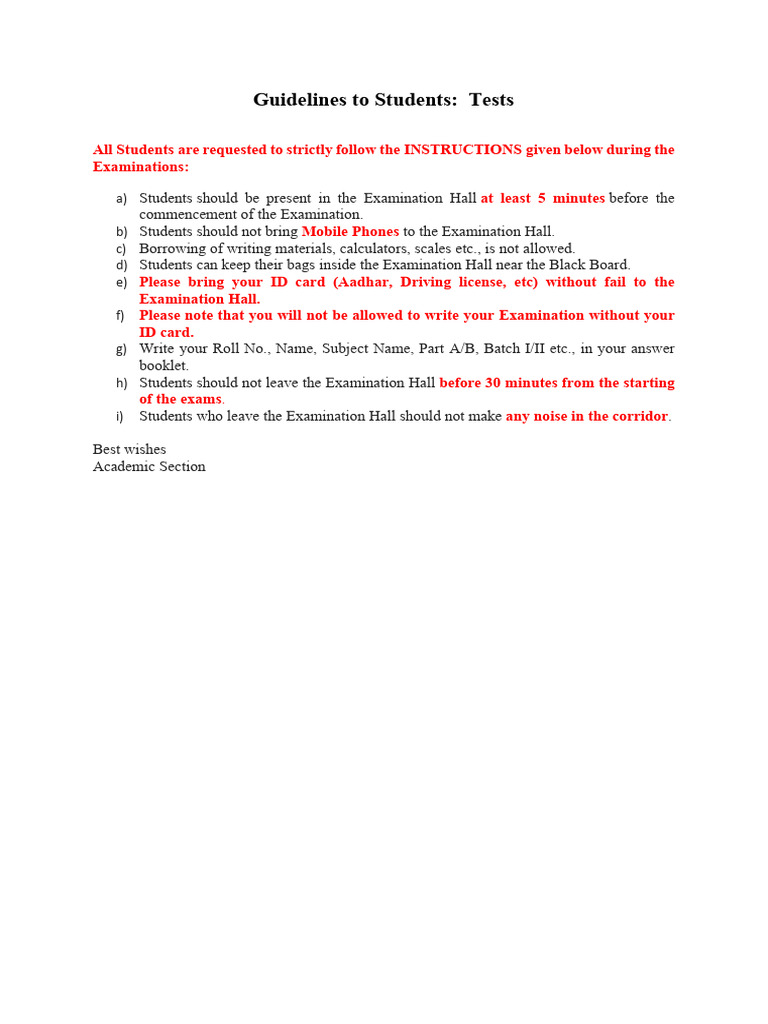 Guidelines For Students - Tests-2 | PDF